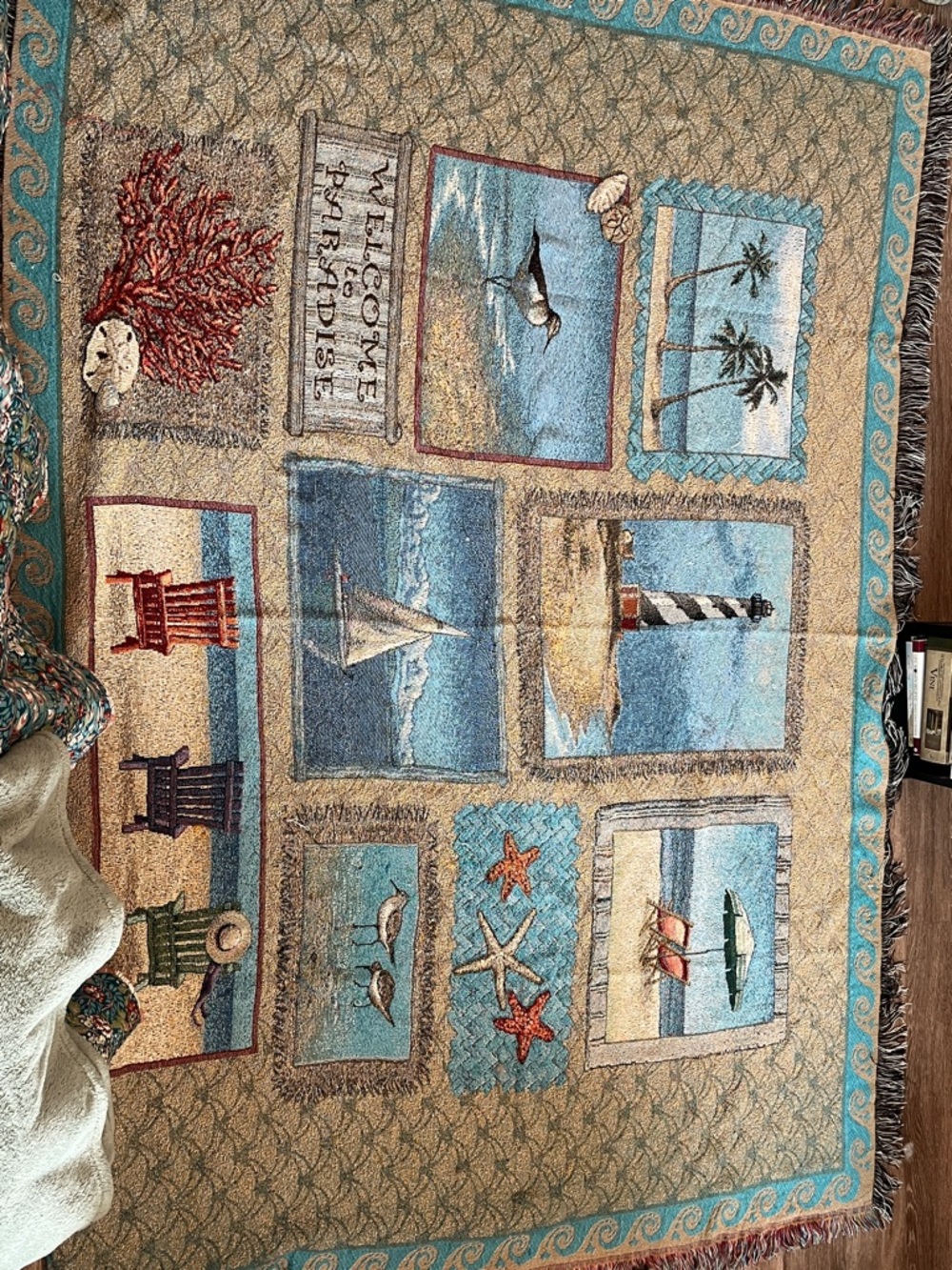 Coastal Patchwork Beach Tapestry Throw - Blue, Tan, Coral Accents